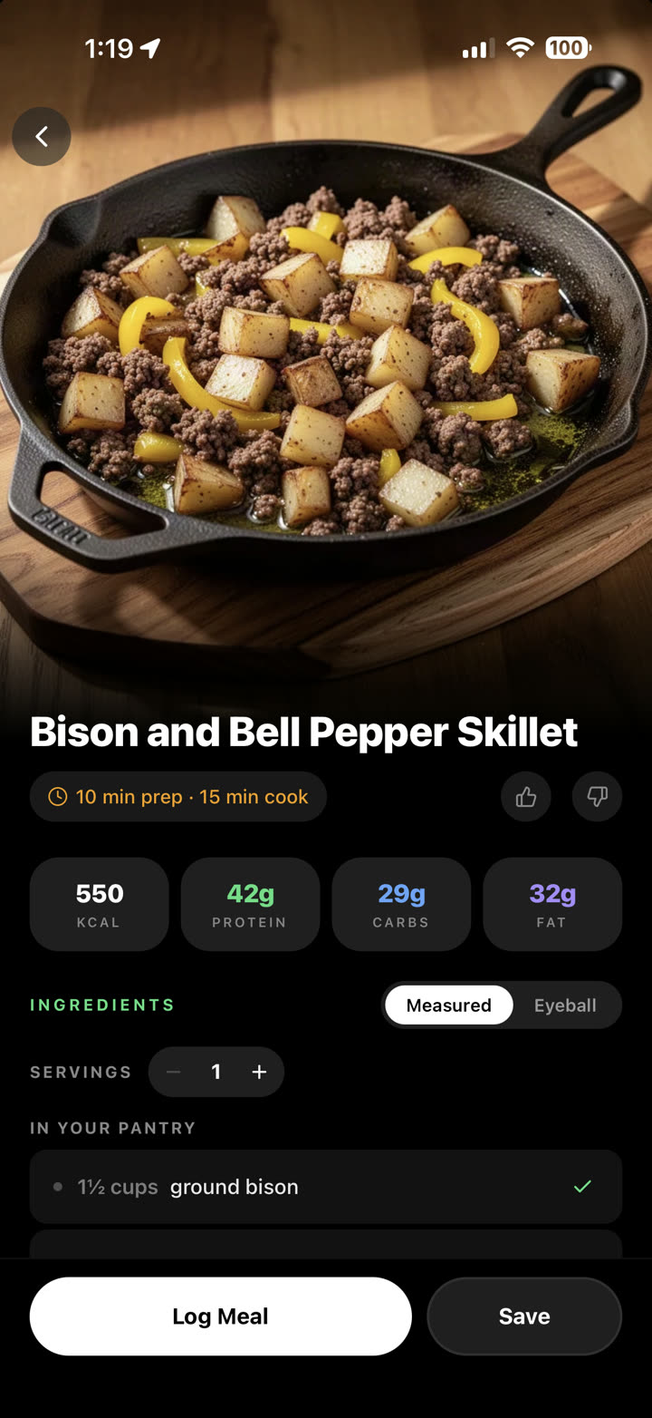 A recipe screen: Bison and Bell Pepper Skillet with calories, protein, carbs and fat, and an In your pantry ingredient list